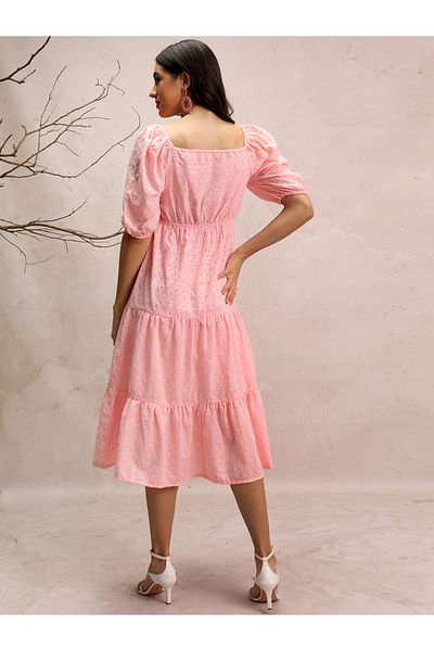 Vishudh By Styli Schiffli Sweetheart Neck  Fit and Flare Midi Dress