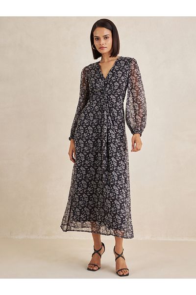 Femmella By Styli Floral Print Front Knotted A-Line Maxi Dress