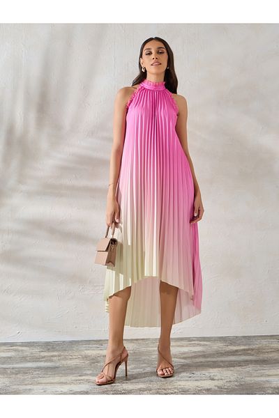 Styli Ombre Look High-Low Hem Midi Dress with Halter Neck