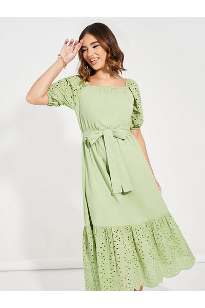 Styli Schiffli Design Midi Dress with Tie Belt