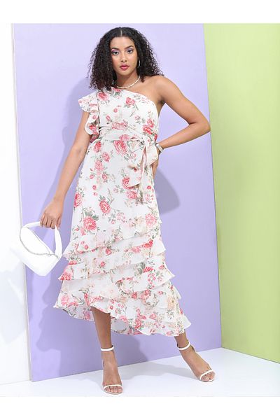 Tokyo Talkies By Styli One Shoulder Neck Ruffled Tiered Midi Dress