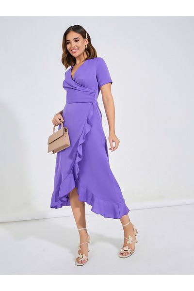 Luxewave By Styli Solid Ruffle Hem Detail V-Neck Midi Dress