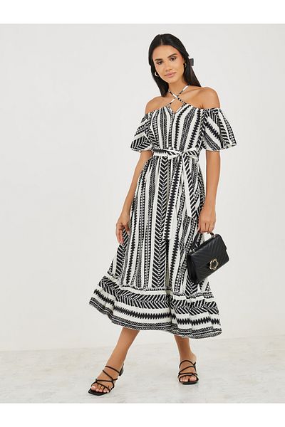 Styli Off Shoulder Neck All Over Print A-Line Midi Dress