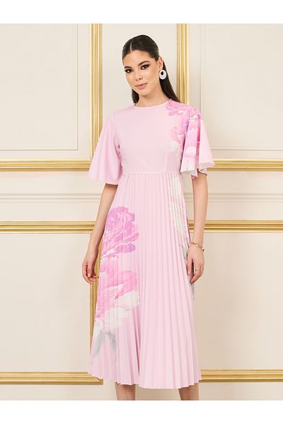 Styli Floral Print Pleated A-Line Midi Dress