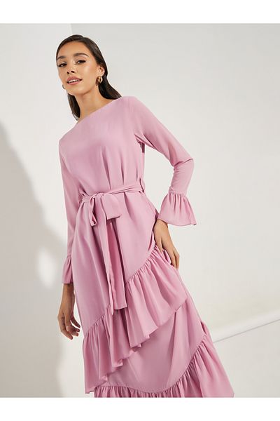 Styli Asymmetric Overlay Ruffled Midi Dress