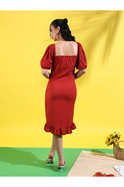 Campus Sutra By Styli Ruffled Hem Textured Bodycon Knee Length Dress