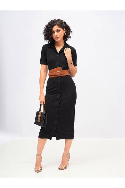 Sassafras By Styli Knitted Front Button Bodycon Midi Dress
