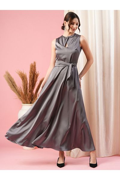 Mish By Styli Round Overlap Neck Maxi Dress with Cut-Out Detail