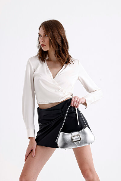 Paksoy Geantă de umăr de damă din piele artificială cu cataramă argintie