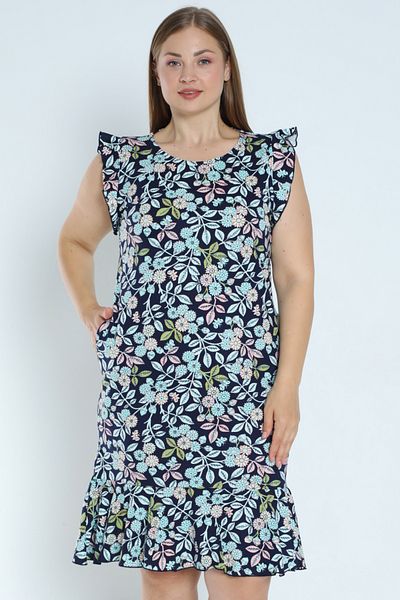 İntensive Navy blue plus size print - φόρεμα από 100% βαμβακερή τσέπη και βολάν μανίκια και φούστα