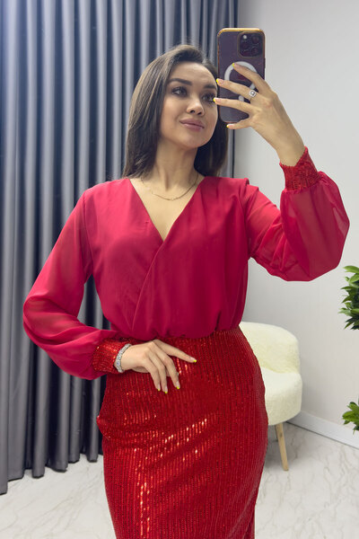 Elbise Delisi Kırmızı Kruvaze Yaka Payet Abiye Elbise