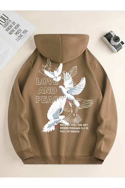 AMMA Χειμερινό φούτερ με κουκούλα Unisex Love Peace Printed Oversize - 3 νήματα