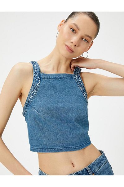 Koton Neckholder-Jeansoberteil mit Steindetail – Schleife mit tiefem Rückenausschnitt