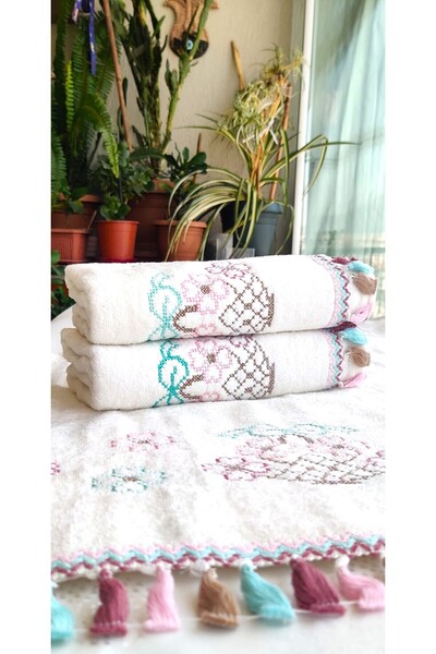 Z&N STYLE Annem Çeyizlik - 50x90 см Канавече з квітковим візерунком, з бахромою, оксамитовий набір рушників (набір з 3 штук)