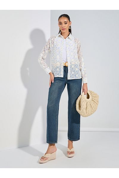 Styli Embroidered Detail Button Down Shirt with Long Cuffed Sleeve