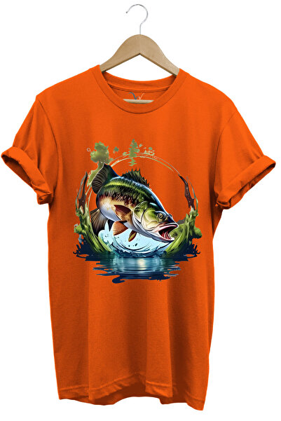 WİDİ Tricou cu imprimeu de biban de pescuit - Natură și mare, 100% bumbac, cu...