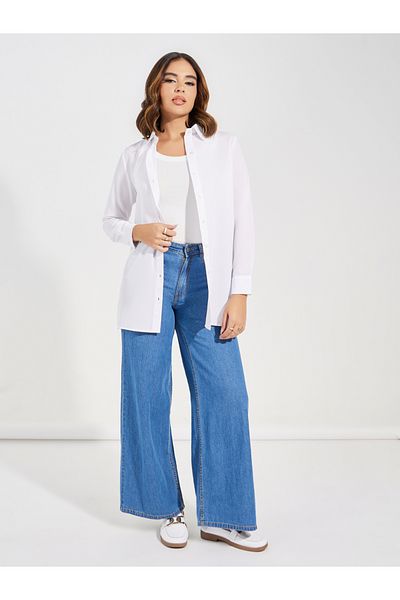Styli Solid Woven Longline Shirt with Button Placket