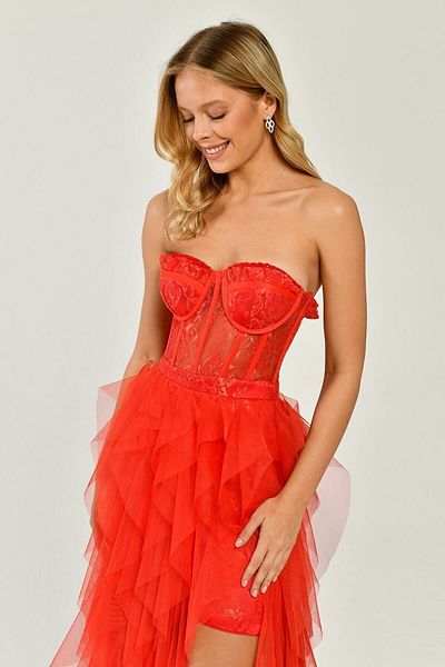 ALFABETA Women's Strapless Slit Patterned Tulle Long Orange Evening & Graduation Dress Ab5576-trn