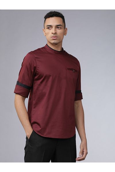Highlander By Styli Piped Mandarin Collar Shirt with Shoulder Placket