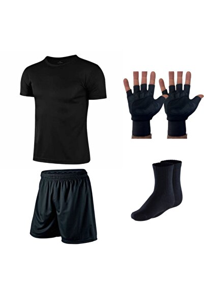 parypary Sporcu Setfitness Dry Touch Tişort Spor Şort Ağırlık Eldiveni Ve Spor Çorap Set