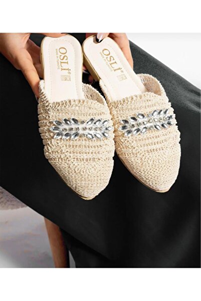 MFCreasyon Stone Detailed Straw Women's Slippers - Daily Sandals