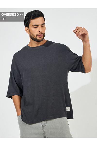Styli Waffle Knit Oversized T-Shirt with Turn Up Sleeve