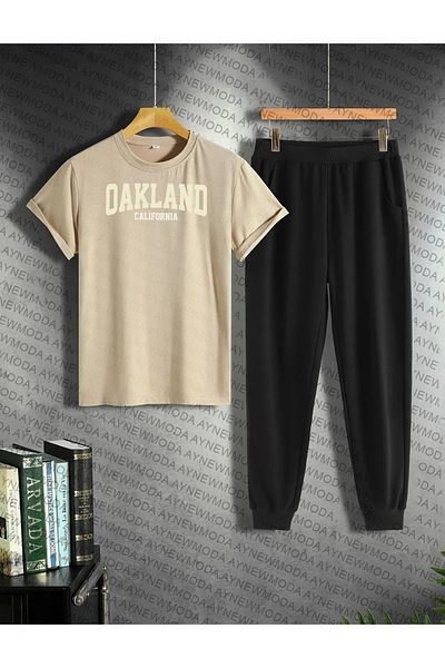 arıkoğlu kumaşçılık Oakland Printed Unisex Oversize T-Shirt and Sweatpants - 2-Piece Bottom Milk Комплект