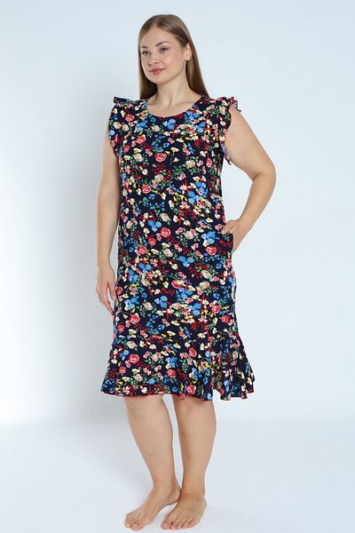 İntensive Navy blue plus size print - φόρεμα από 100% βαμβακερή τσέπη και βολάν μανίκια και φούστα