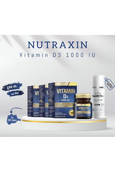 Nutraxin Vitamin D3 1000 Iu - 120 Tablets 3 Pieces + Facial Cleanser Gel 100ml