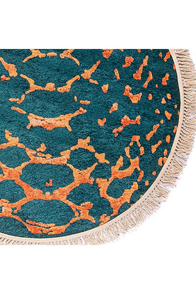 In House Velvet Turkish Round Decorative Carpet -Blue & Gold - 120x120 cm