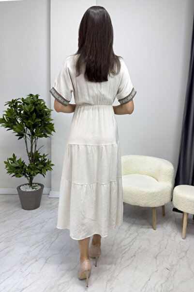 zks grup tekstil Linen Cream Dress - Ethnic Pattern, Short Sleeve