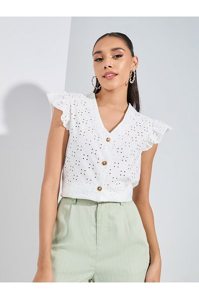 Styli V Neck Buttoned Schiffli Top with Ruffled Sleeves