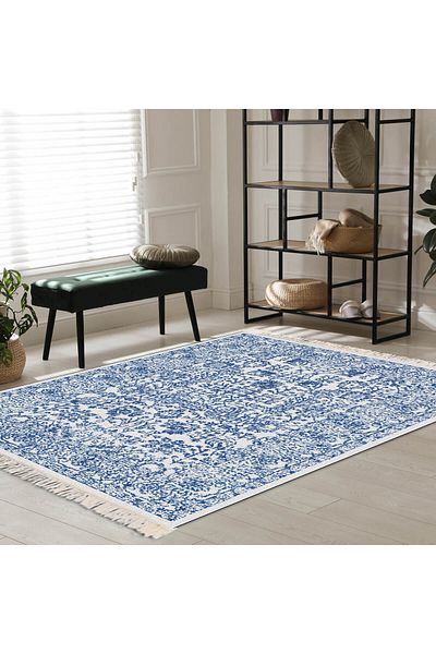 In House Velvet Turkish Rectangular Decorative Carpet - Blue - 80x120 cm