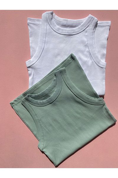 LEYNA BUTİK Green and White Corded Cotton Halter Collar Women's T-shirt Undershirt Set of 2