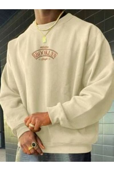 Elvino Ανδρικό φούτερ με στάμπα Brooklyn Beige Oversize - Crew Neck