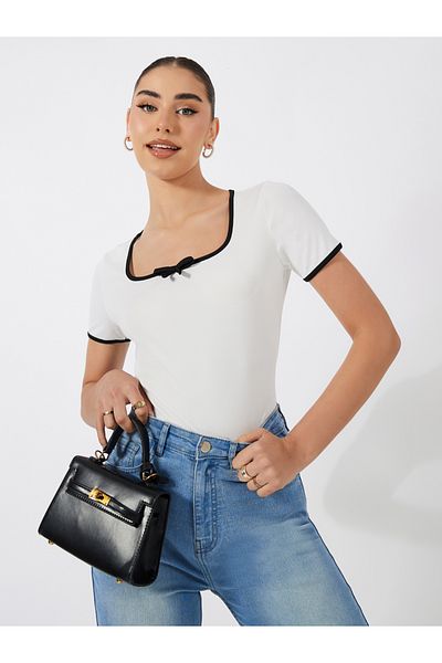 Styli Solid Ribbed Top with Piping Detail & Square Neck