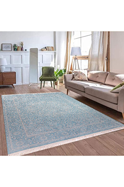 In House Velvet Turkish Rectangular Decorative Carpet -Cyan - 120x80 cm