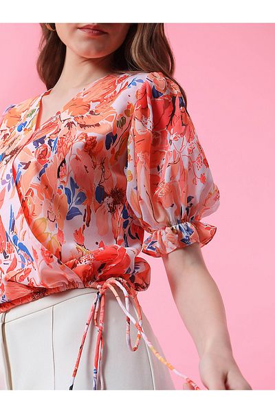 Mish By Styli Floral Print Wrap Front Top with Tie Detail