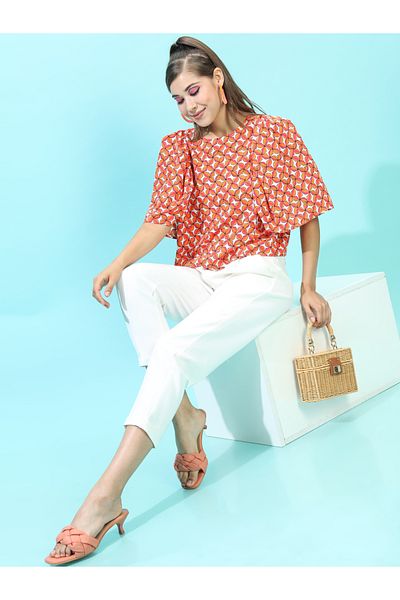 Tokyo Talkies By Styli AOP Round Neck Top with Puffed Sleeve