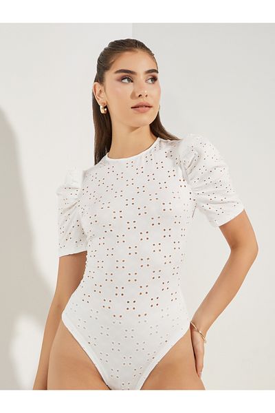 Styli Schiffli Bodysuit with Puff Sleeves