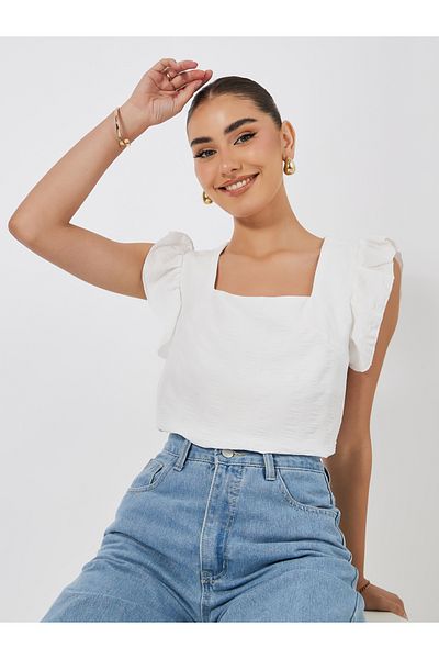 Styli Square Neck Woven Top with Flutter Sleeves