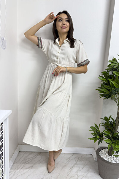 zks grup tekstil Linen Cream Dress - Ethnic Pattern, Short Sleeve