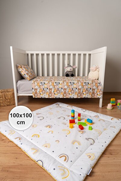 BABYNENA Gökkuşağı Desenli Çift Taraflı Oyun Matı, Oyun Halısı, SARI, 100 x 100 cm
