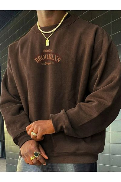 Elvino Άνετο υπερμεγέθη φούτερ με στάμπα Brooklyn σε σκούρο καφέ - Crew Neck