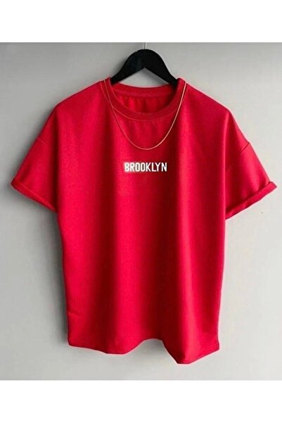 NO 601 Tricou oversize unisex roșu și alb subțire cu inscripții Brooklyn