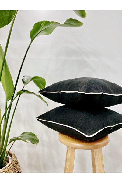 Hestia Home Kırlent Kılıfı Yastık Kılıfı Beyaz Biyeli Keten Siyah Kılıf