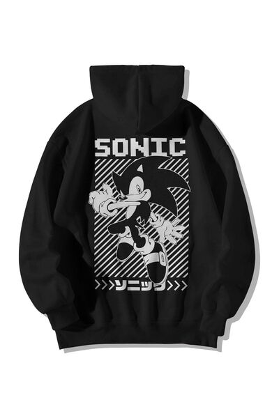 Stadium سويت شيرت بقلنسوة أسود كبير الحجم للجنسين مع جيب الكنغر وطباعة سونيك