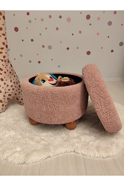 pufftable Ahşap top ayaklı çocuk pufu, oyuncak sepeti,  teddy kumaş 42 cm cev...