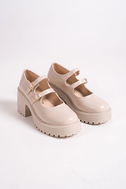 Entella Store Women's High Heeled Beige Patent Leather Oxford Shoes