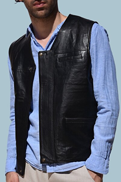 Akbulut Tekstil Hakiki Deri Erkek Siyah Yelek